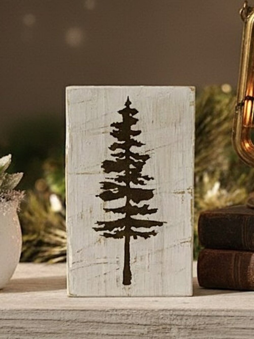 Rustic Pine Tree Wood Block Decor | Handmade Farmhouse Shelf Sitter